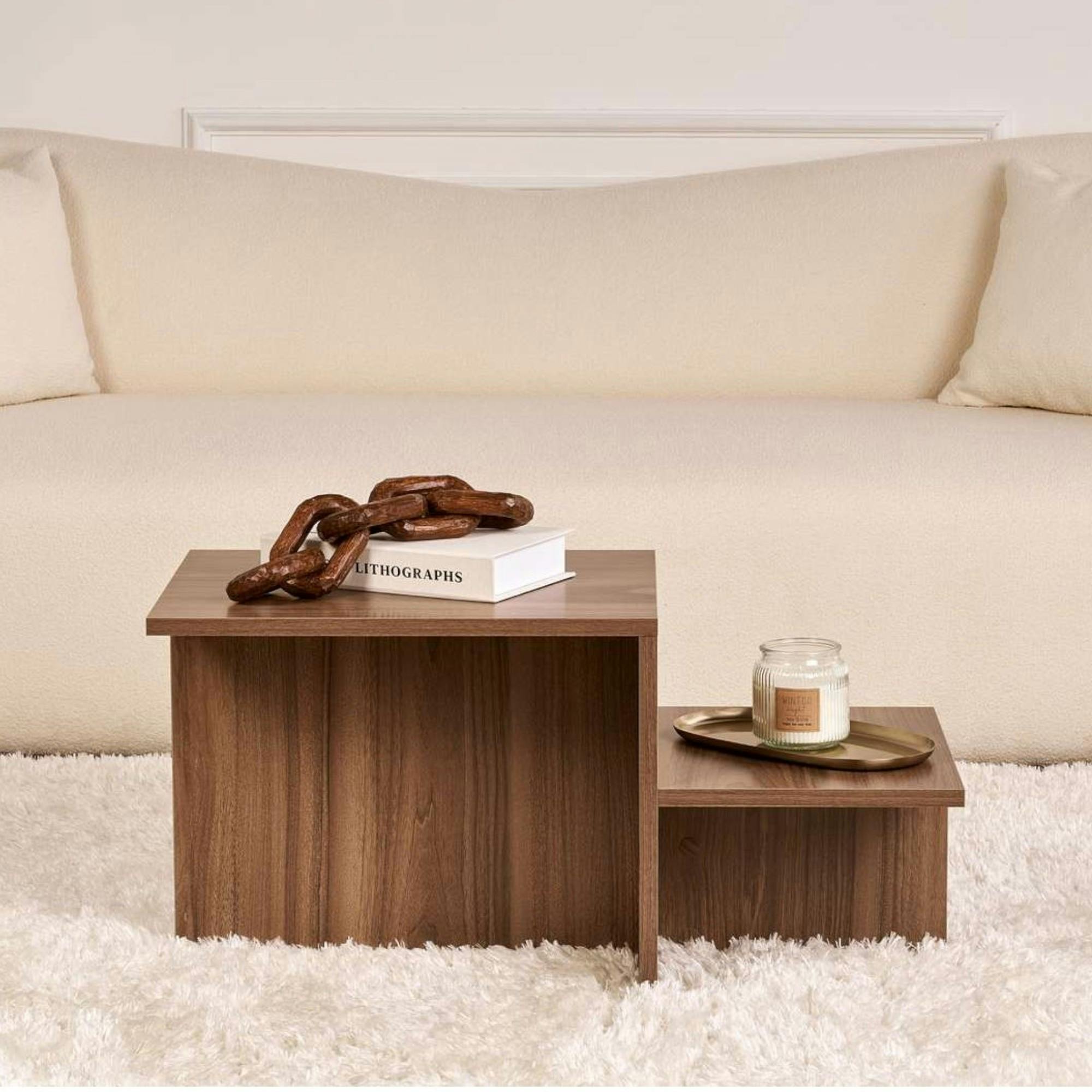 Table basse moderne effet bois de noyer - 2 niveaux MARFA