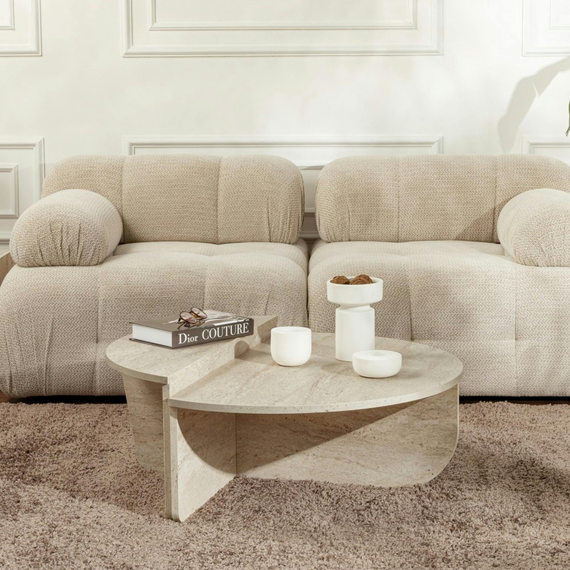 Table basse moderne effet travertin - 2 hauteurs MARFA