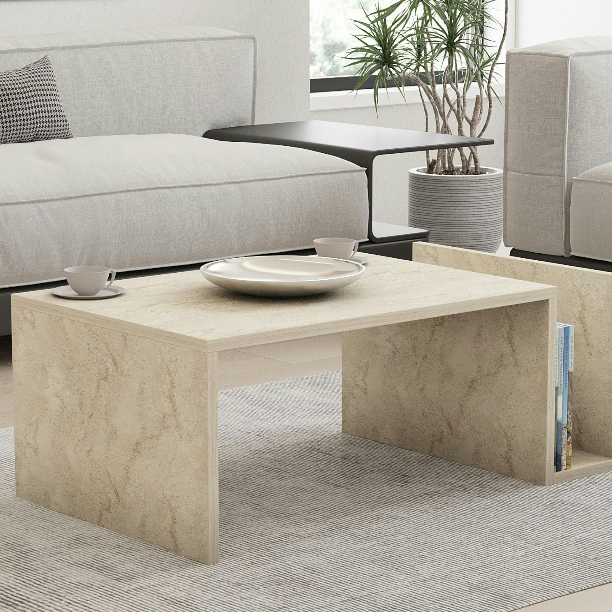 Table basse moderne effet travertin avec porte-revues MARFA