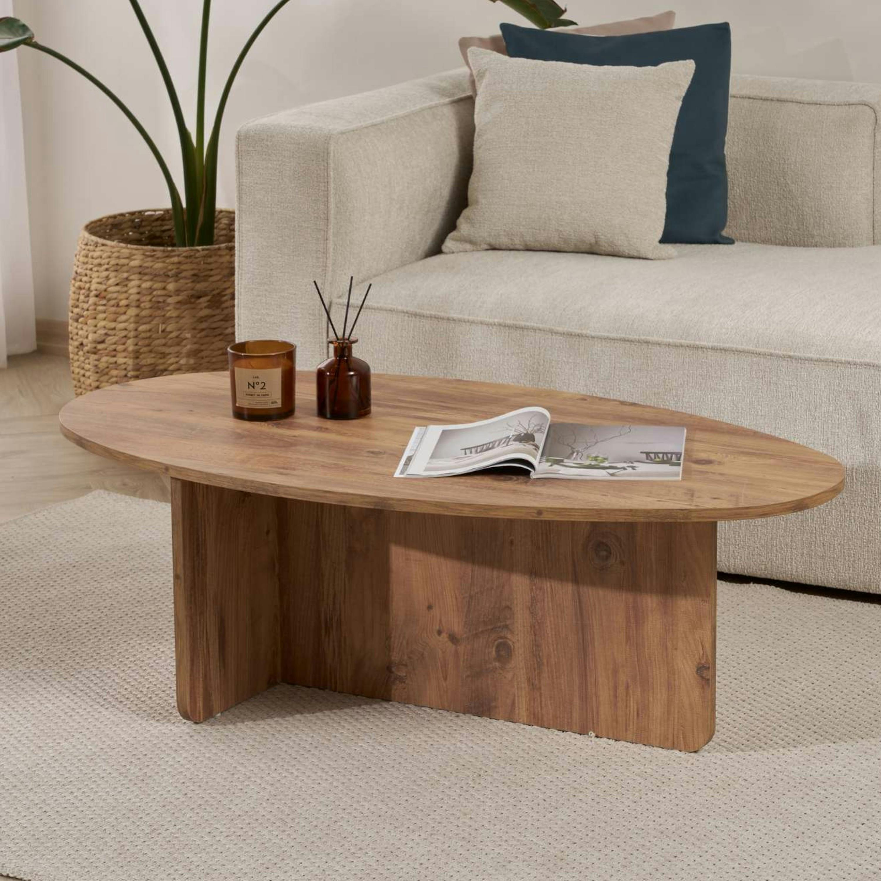 Table basse moderne ovale effet pin – pied en T MARFA