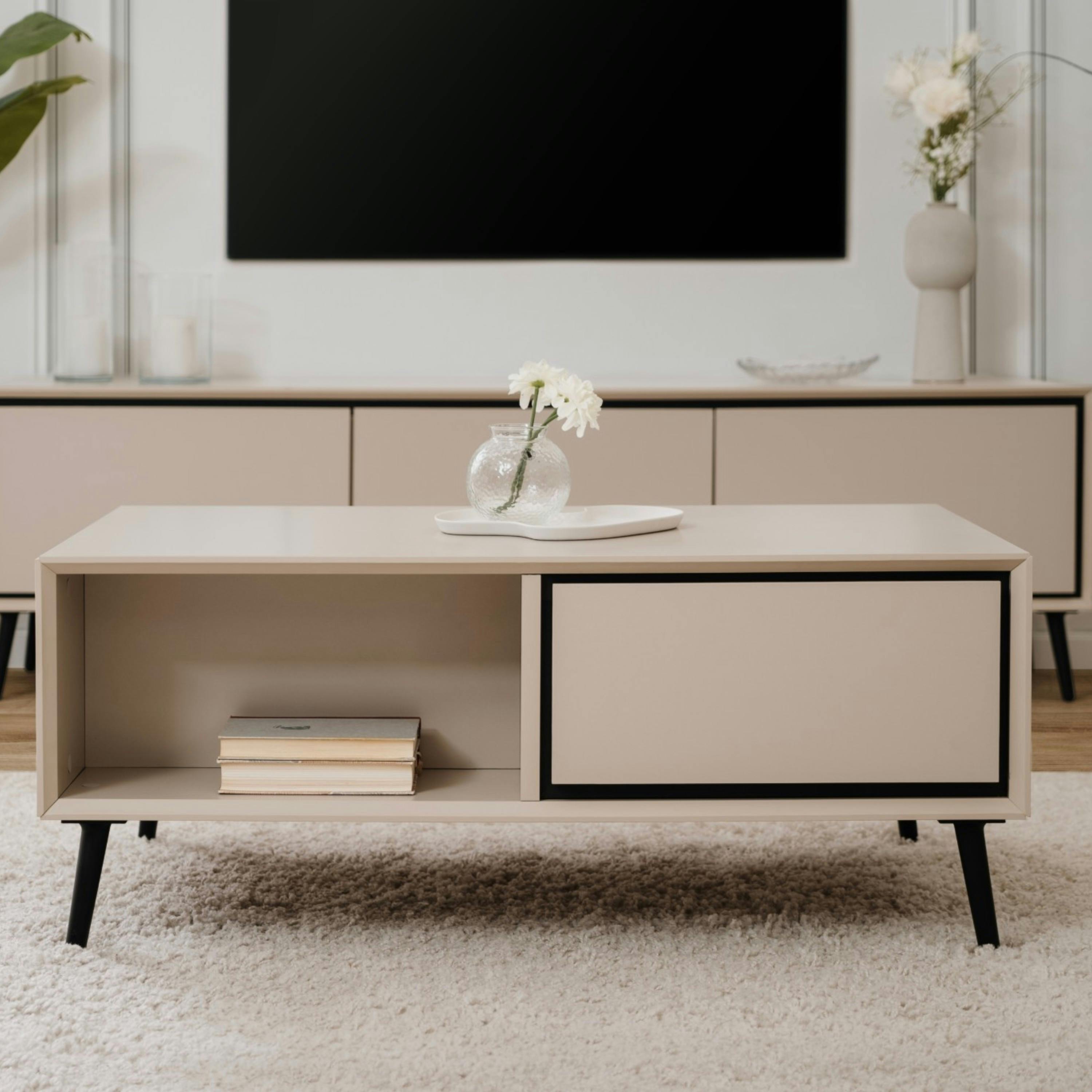 Table basse moderne taupe 2 tiroirs 2 niches AVIO