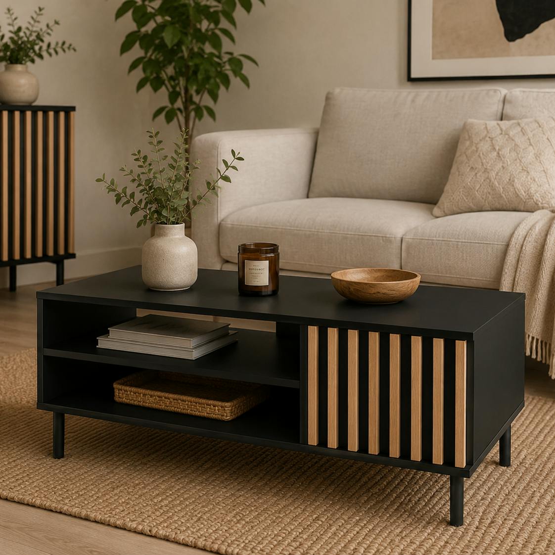 Table basse noire décor bois avec rangement NOREN