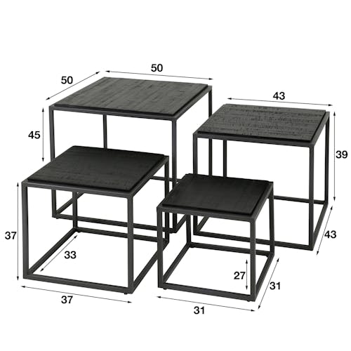 Table basse noire design en bois de teck JAVA (lot de 4)
