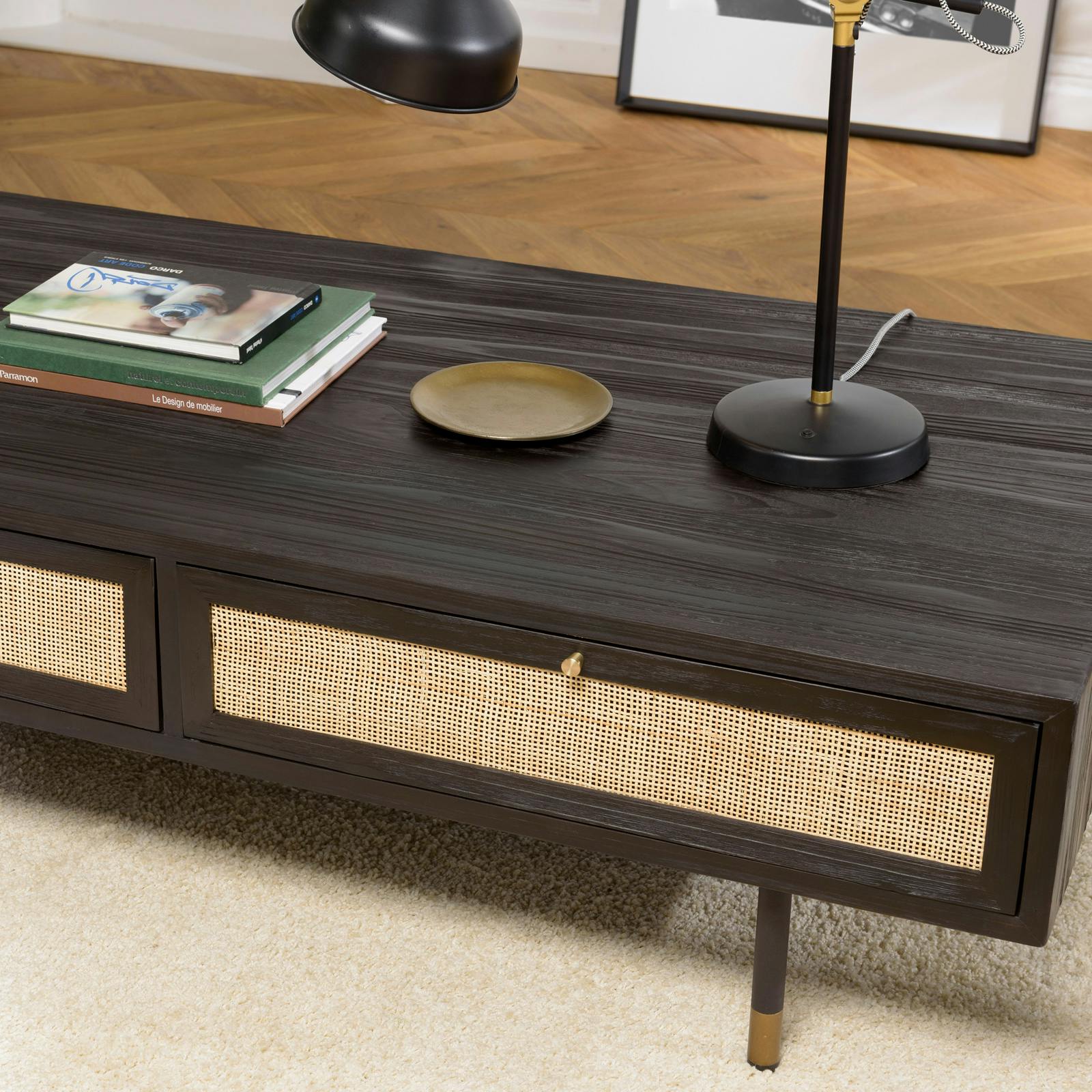 Table basse noire en bois et cannage ALICANTE