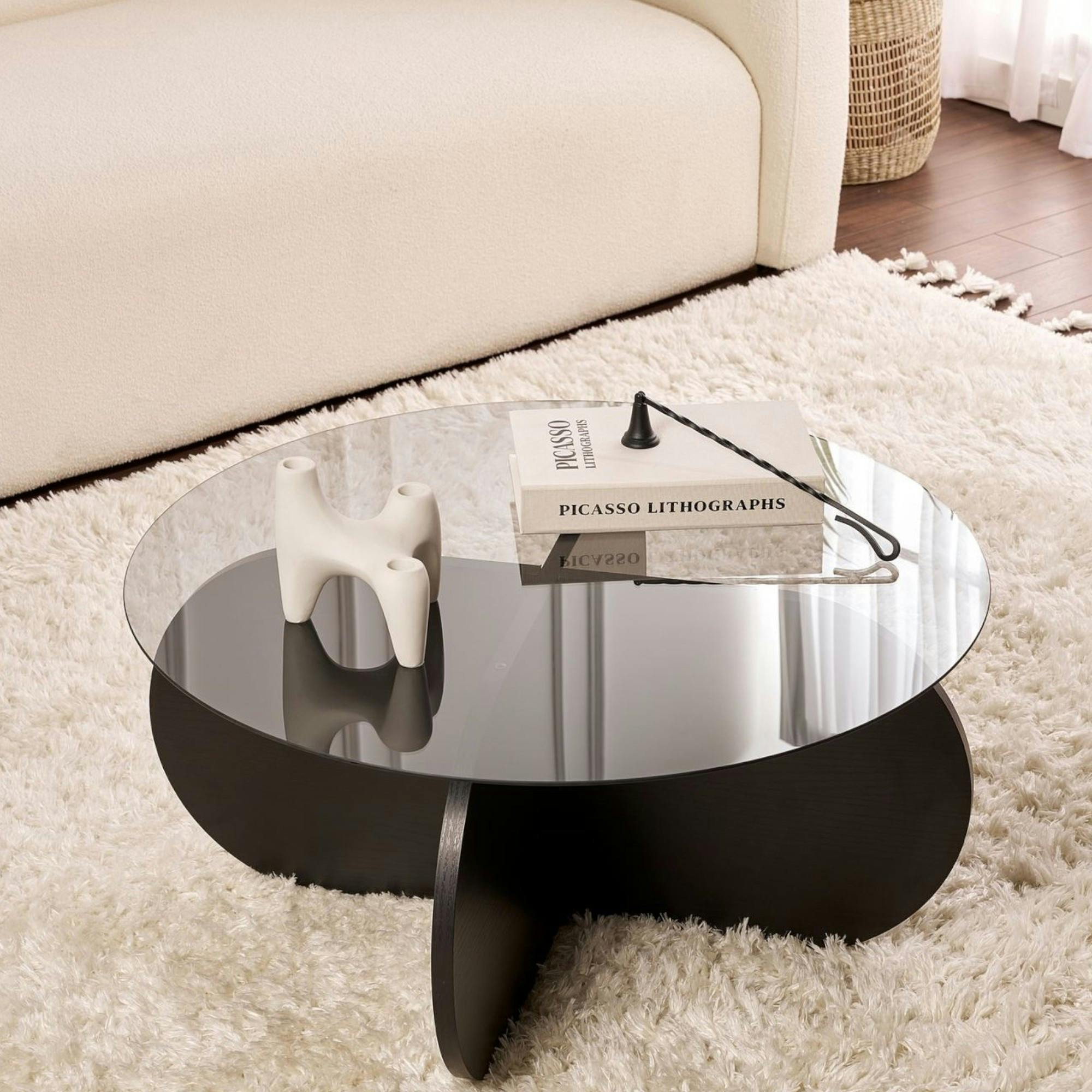 Table basse noire plateau verre – pied croix effet bois SALTA