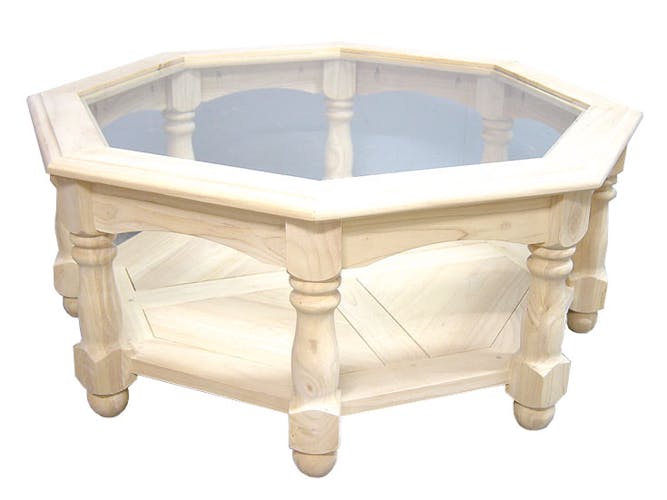 Table basse Octogonale Hévéa double plateaux, 1 plateau haut verre, 1 plateau bas bois D100xH40cm TRADITION
