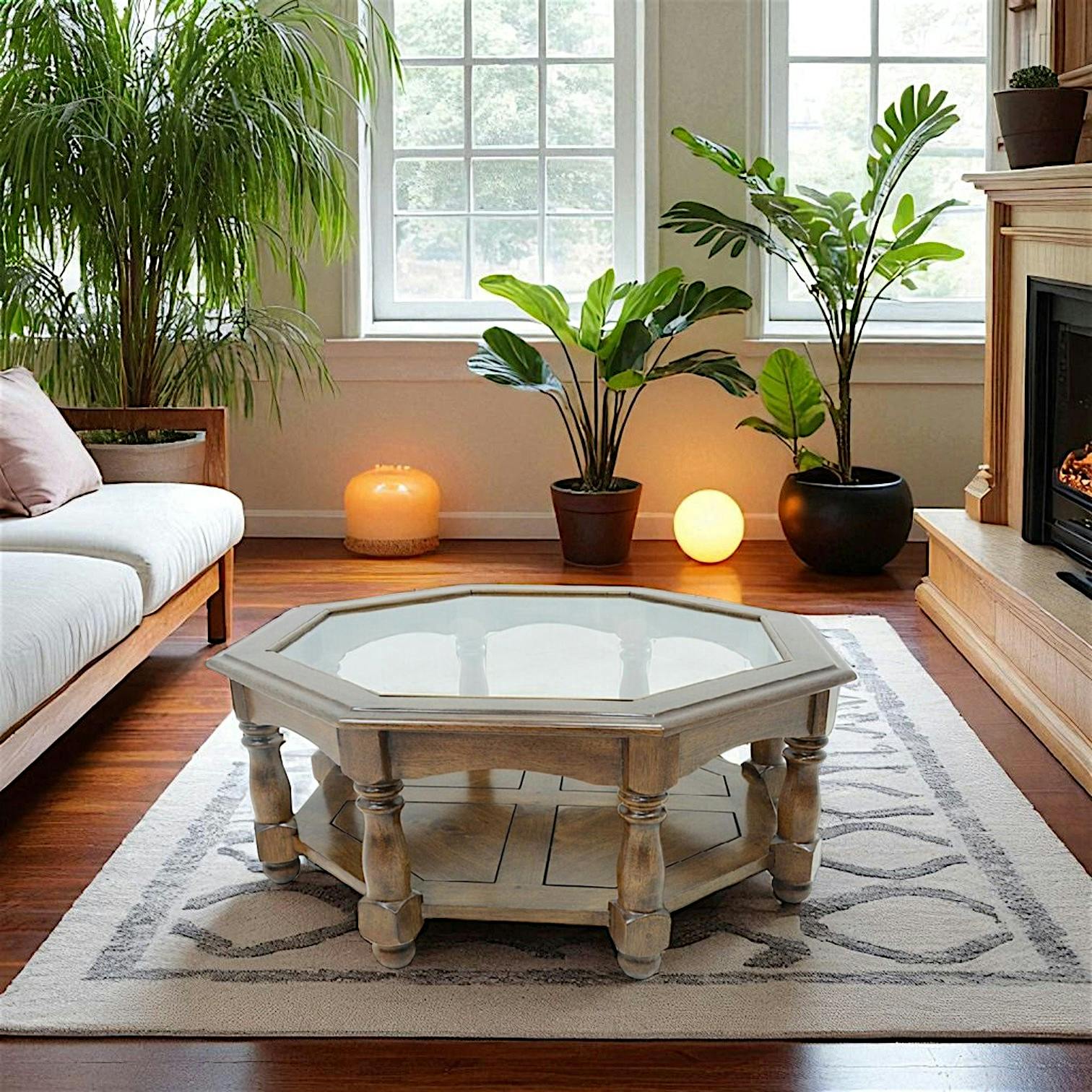 Table basse Octogonale Hévéa double plateaux, 1 plateau haut verre, 1 plateau bas bois D100xH40cm TRADITION