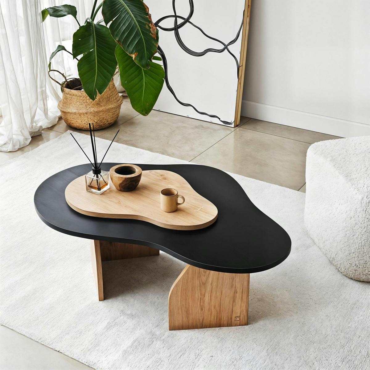 Table basse organique effet bois noir et bois clair MARFA