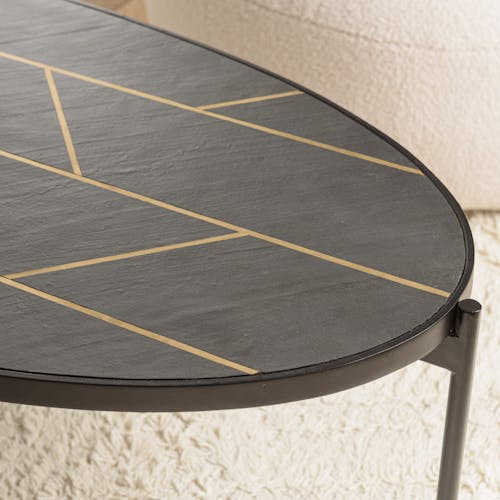 Table basse ovale bois anthracite lignes dorées BIHAR