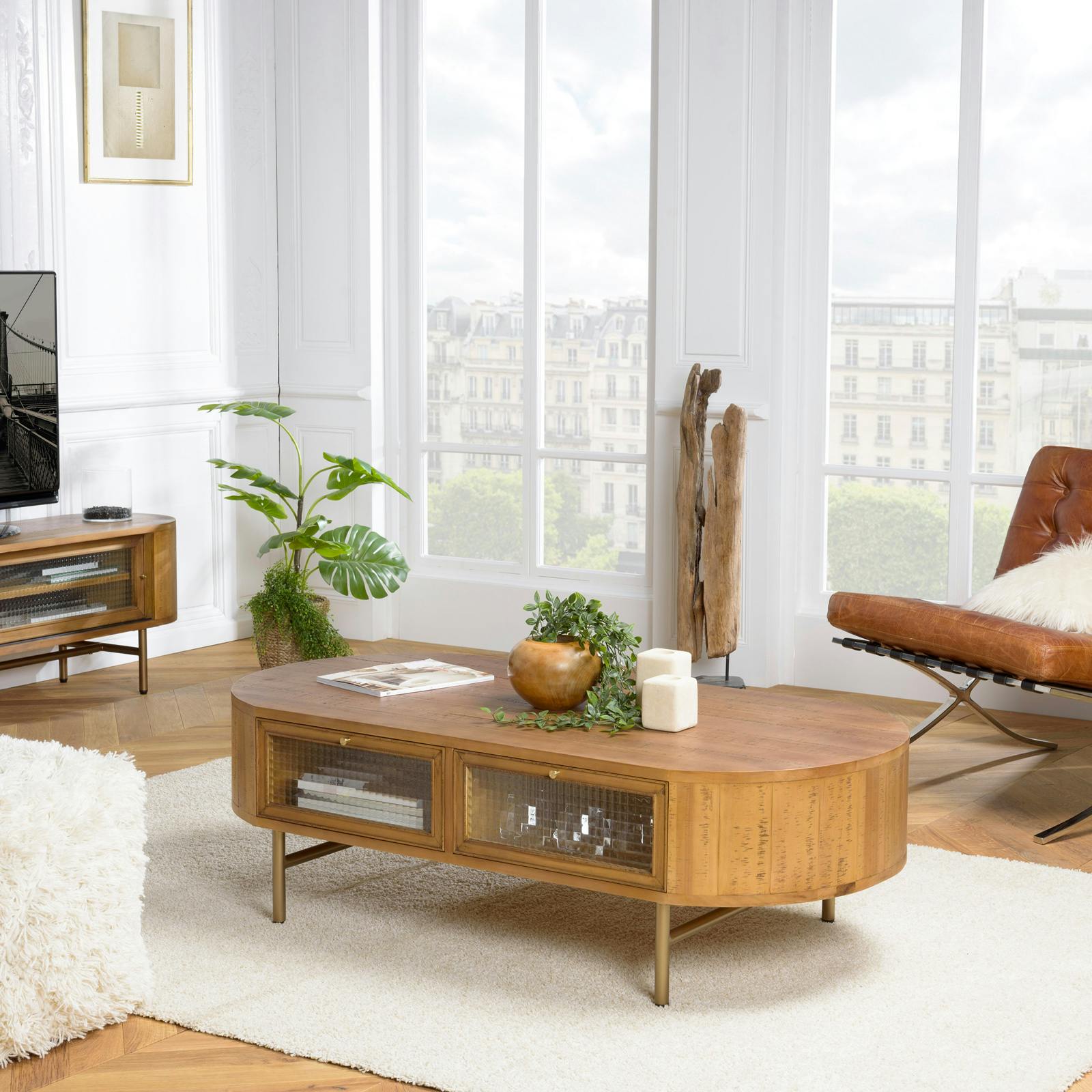 Table basse ovale bois et verre 4 tiroirs BURGOS
