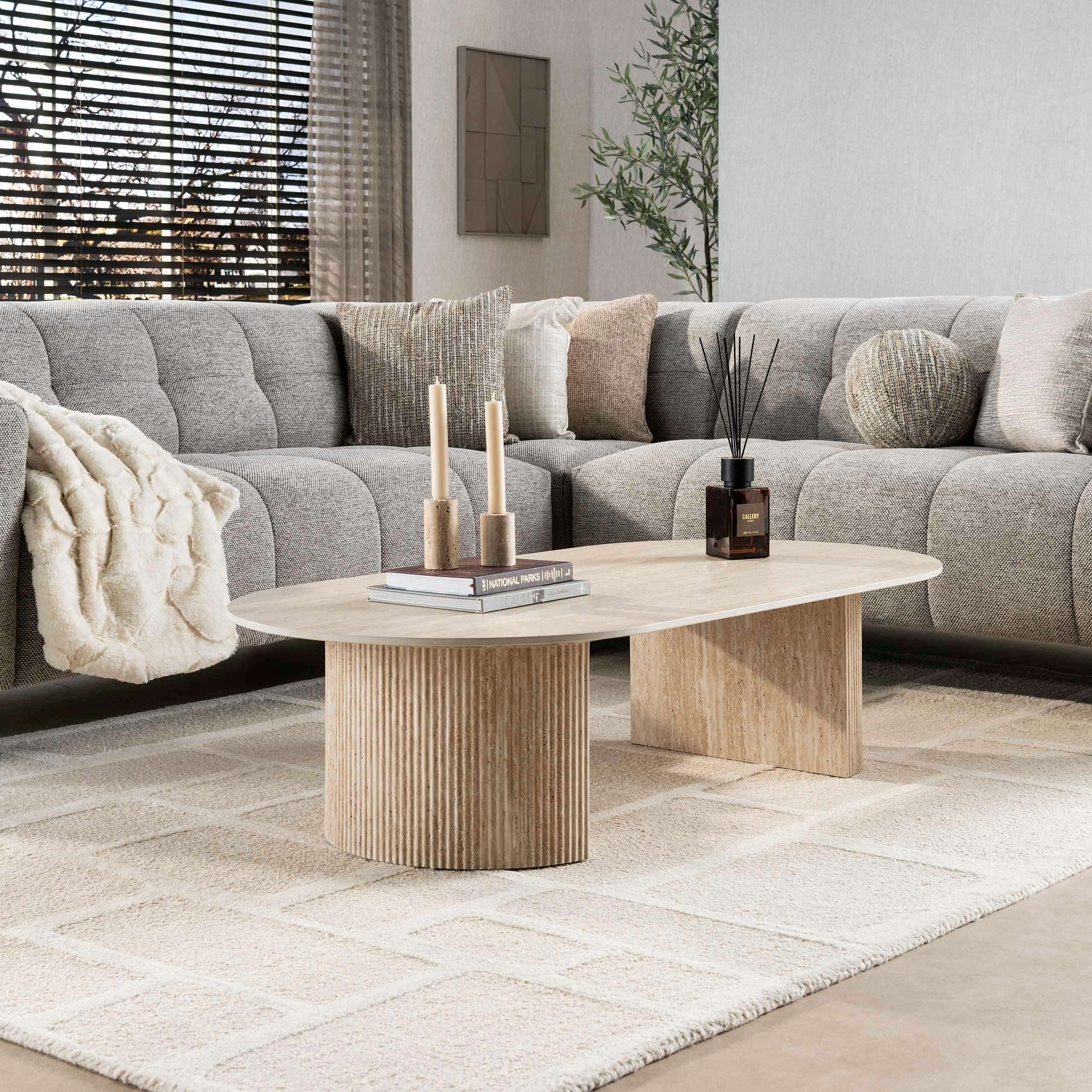 Table basse ovale céramique effet travertin ASCOLI