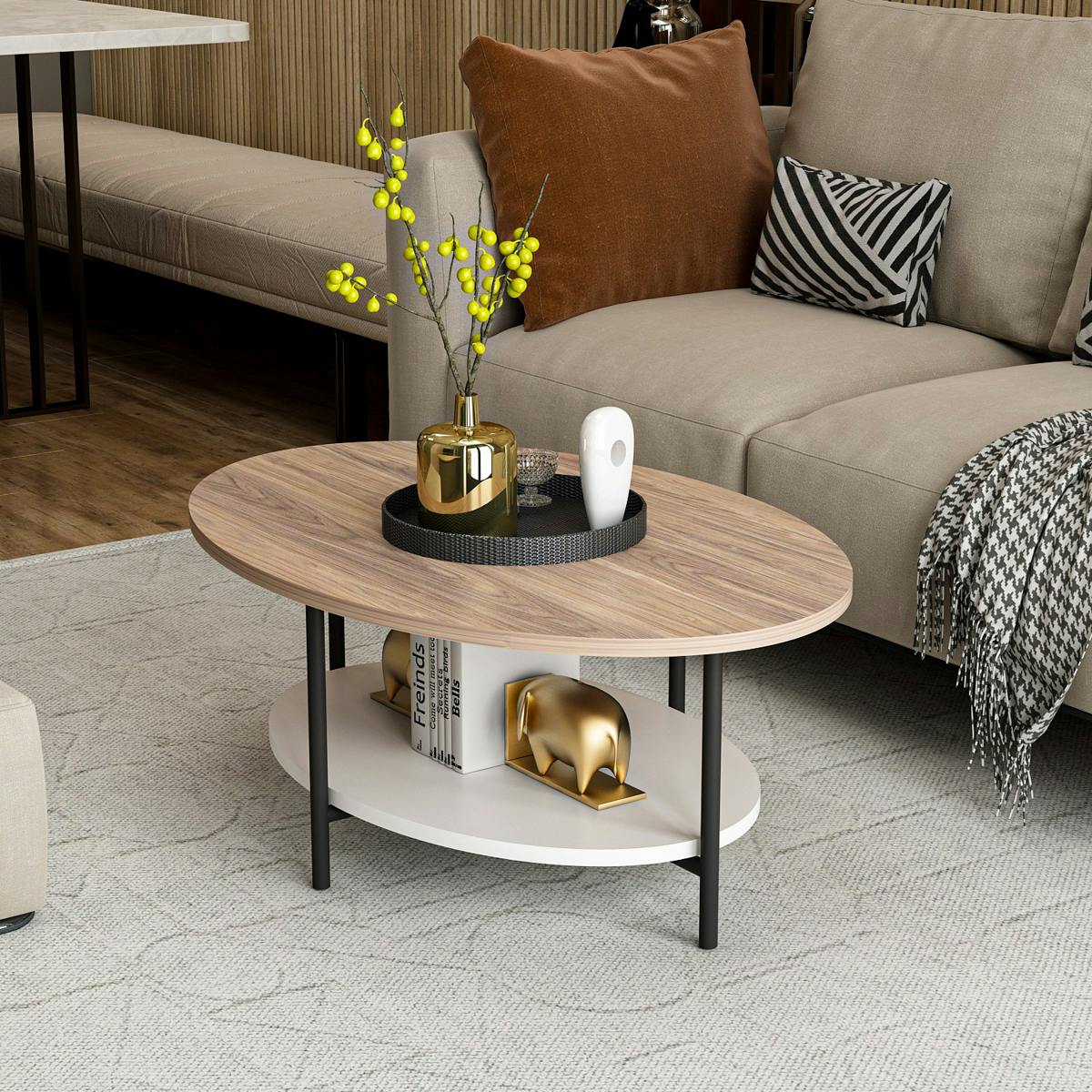 Table basse ovale double plateau effet bois et blanc JENA