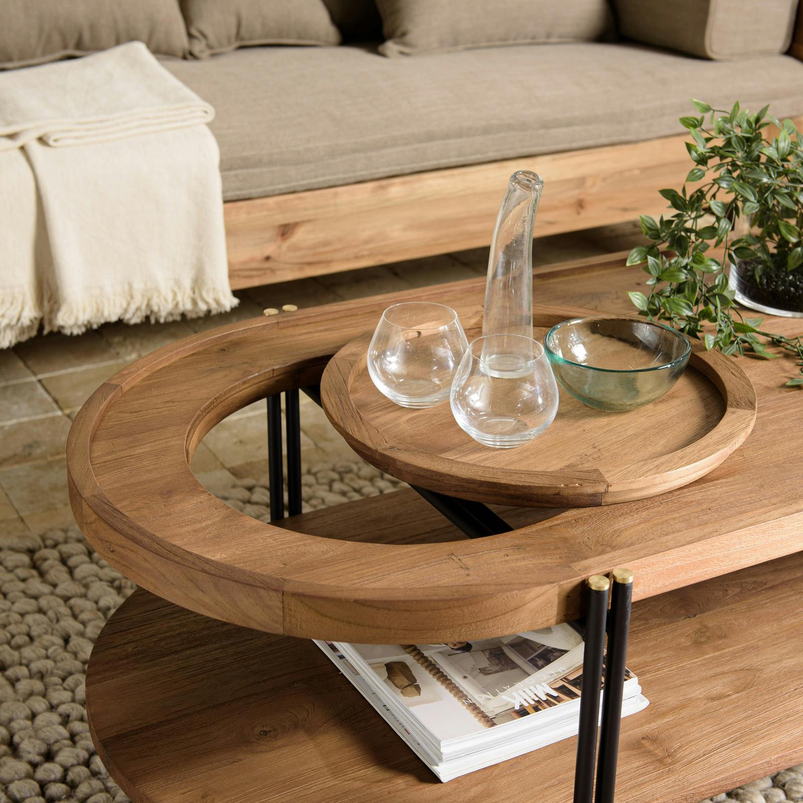 Table Basse Ovale à 2 Niveaux En Bois - Style Scandinave, Plateau Lisse Hydrofuge, Pieds Tripode - Blanc