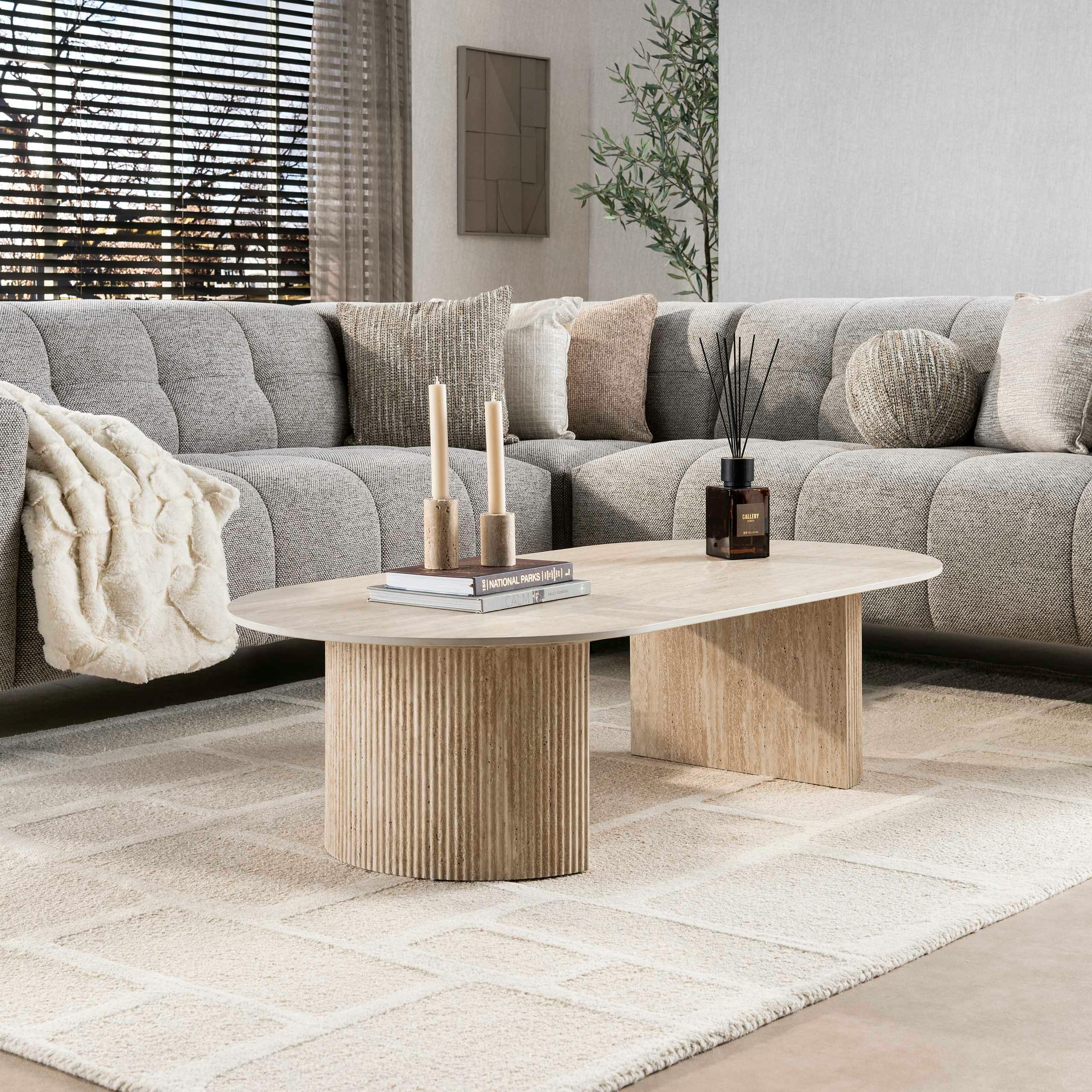Table basse ovale effet travertin pieds colonne COLISEE