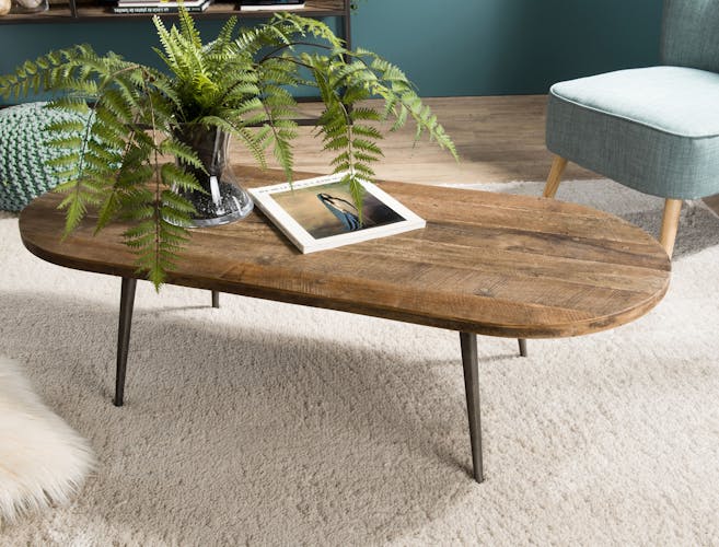 Table basse ovale en bois recycle et metal de style contemporain