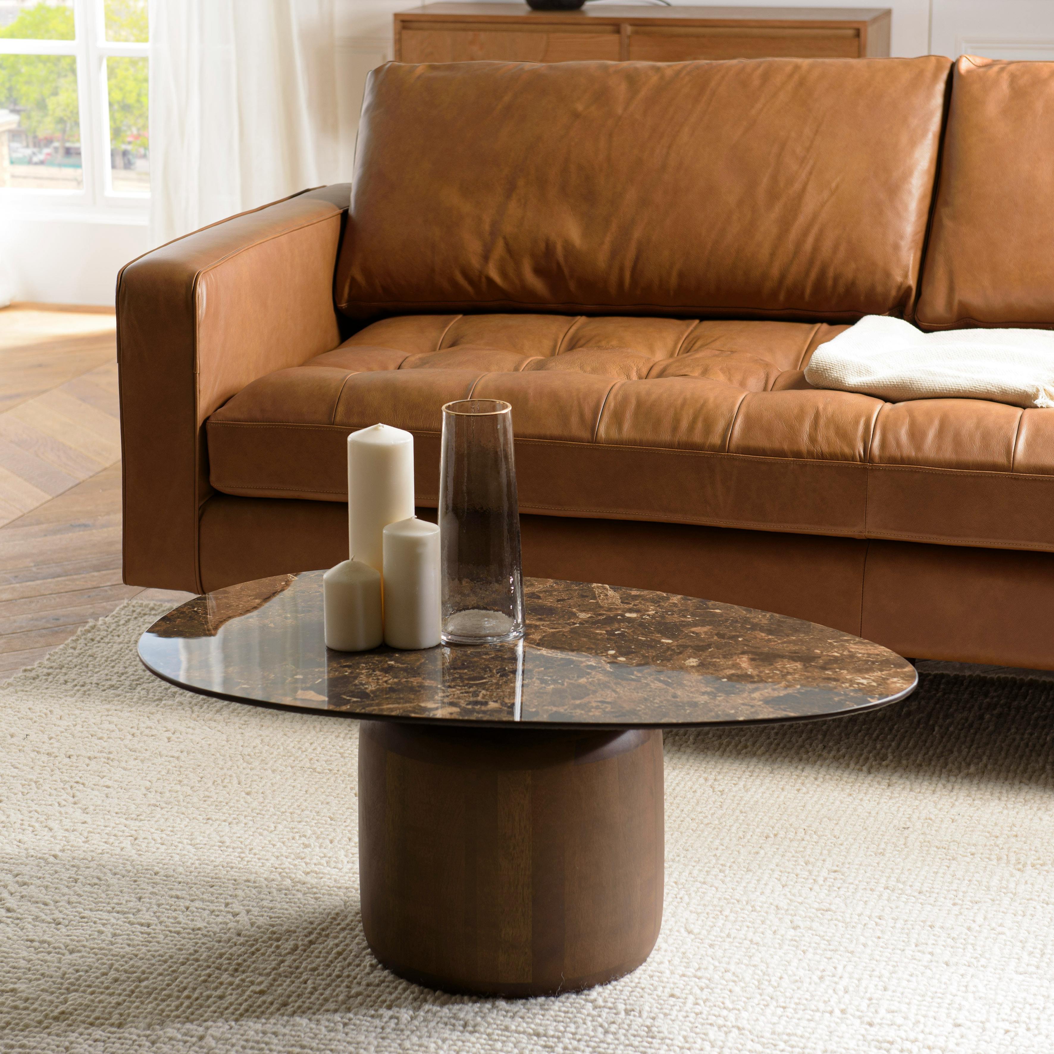 Table basse ovoïde plateau céramique marron pied en manguier TOSCA