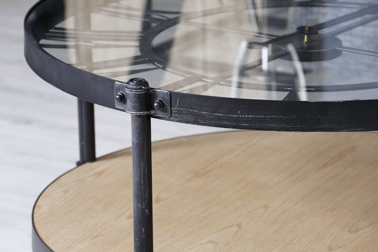 Table basse horloge en bois et metal de style industriel