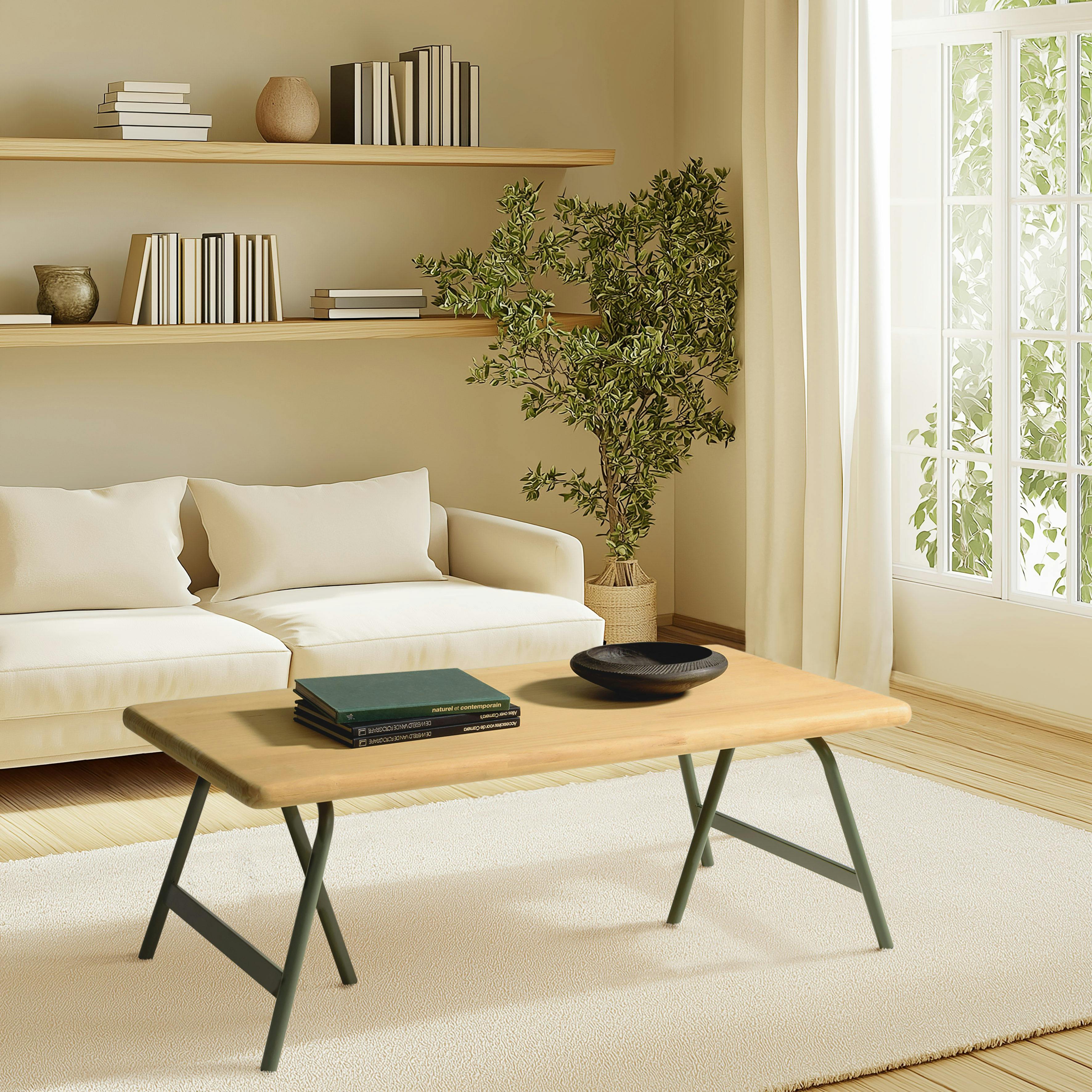Table basse pieds tréteaux métal vert et pin BAGAN