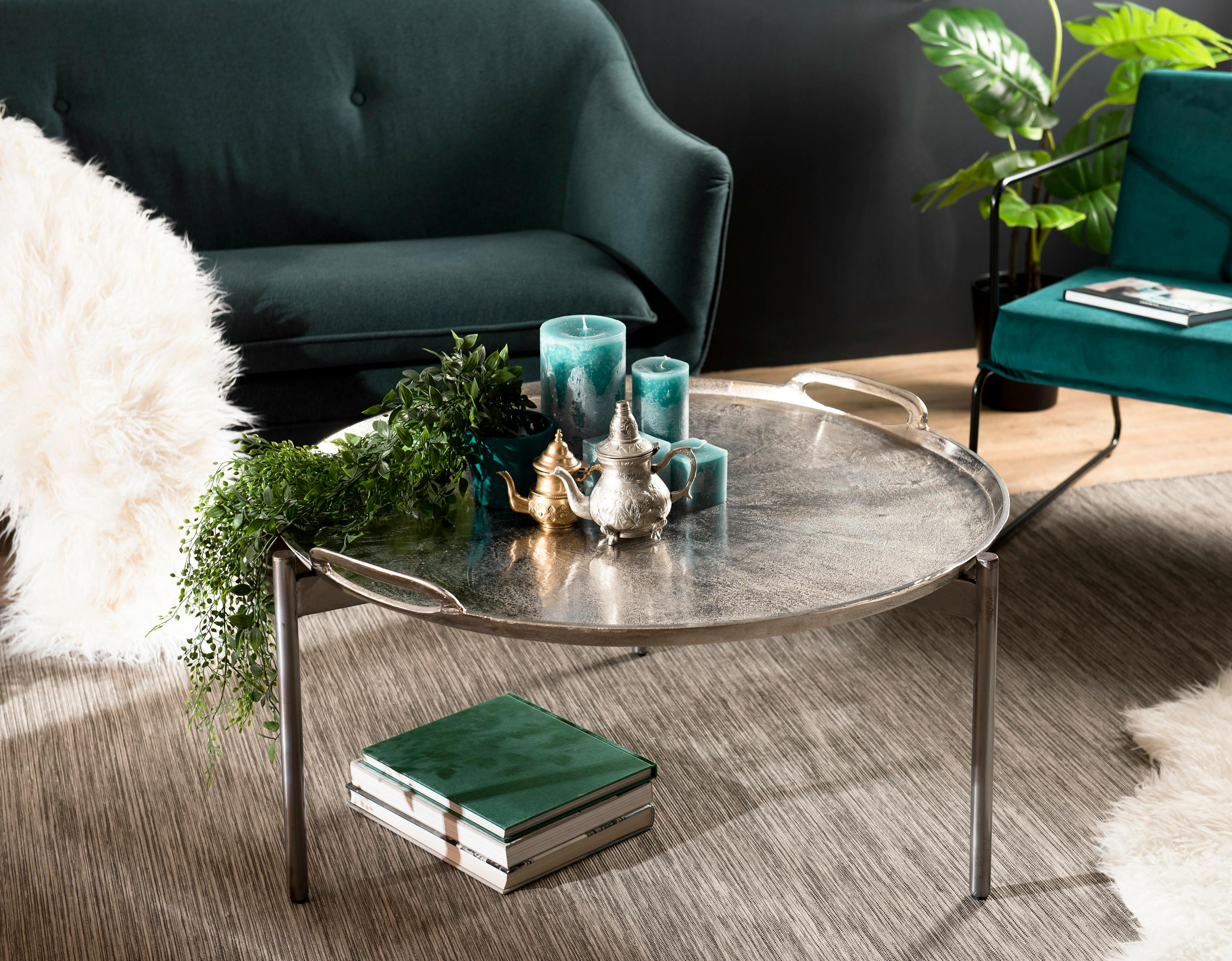 Table basse ronde en metal argente de style contemporain