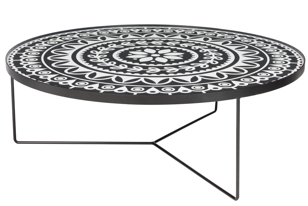 Table basse plateau bois motif noir et blanc D100cm
