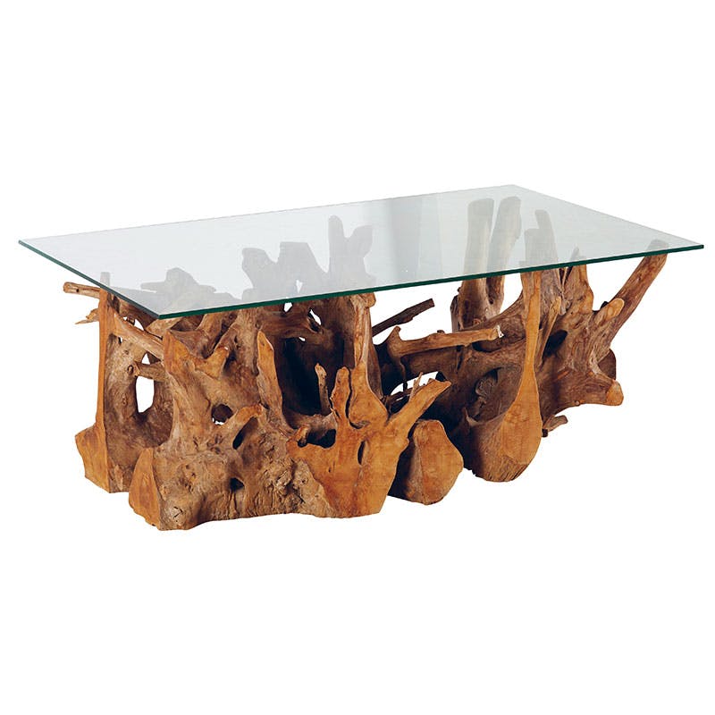 Table basse plateau en verre sur racine de teck ARIZONA