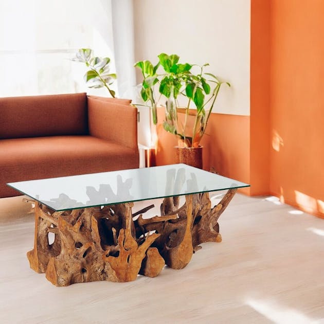 Table basse plateau en verre sur racine de teck ARIZONA | Tables basses