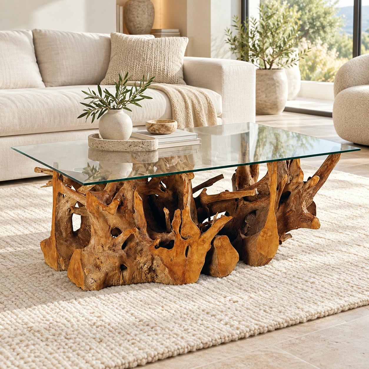 Table basse plateau en verre sur racine de teck ARIZONA