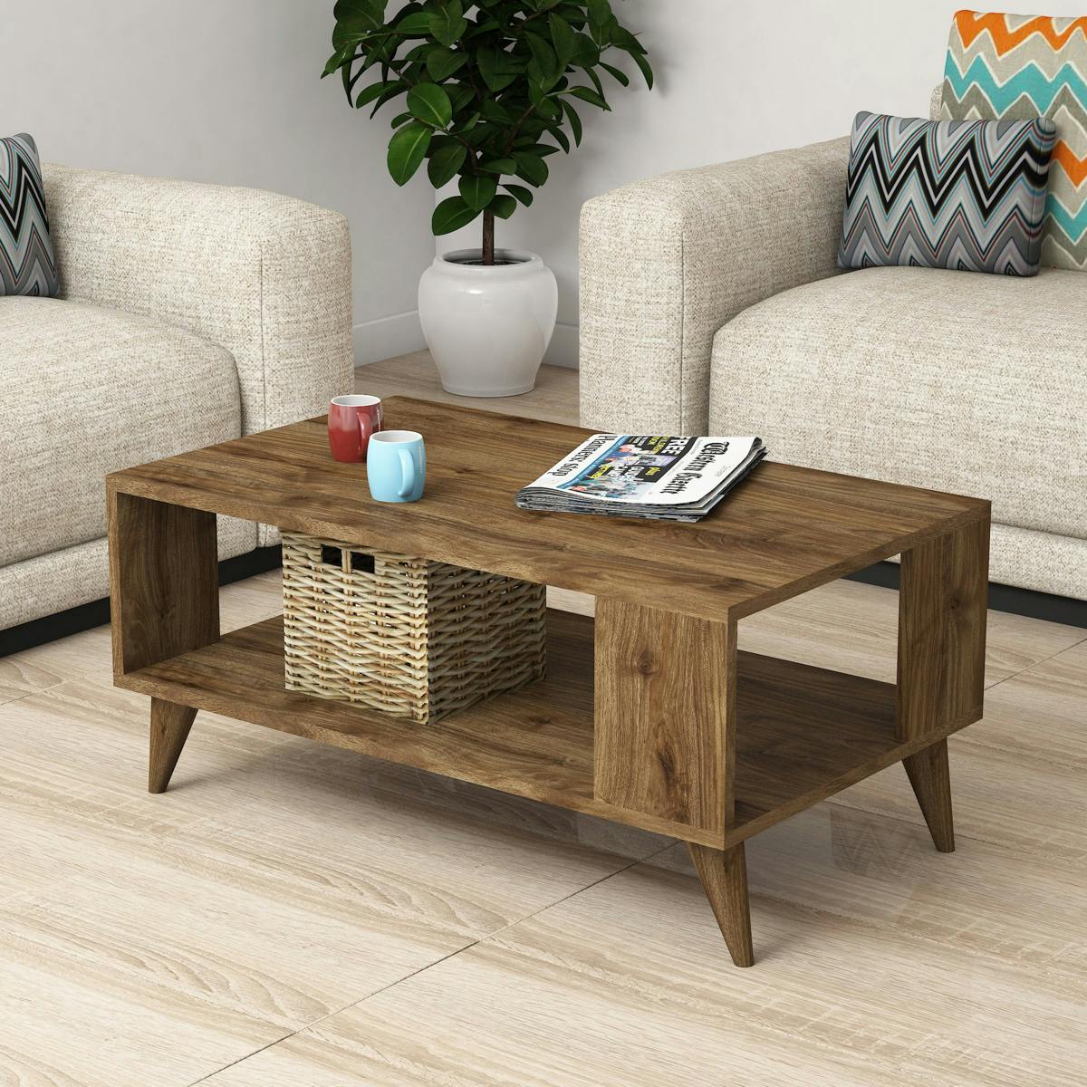 Table basse rangement ouvert, effet noyer pieds coniques MARFA