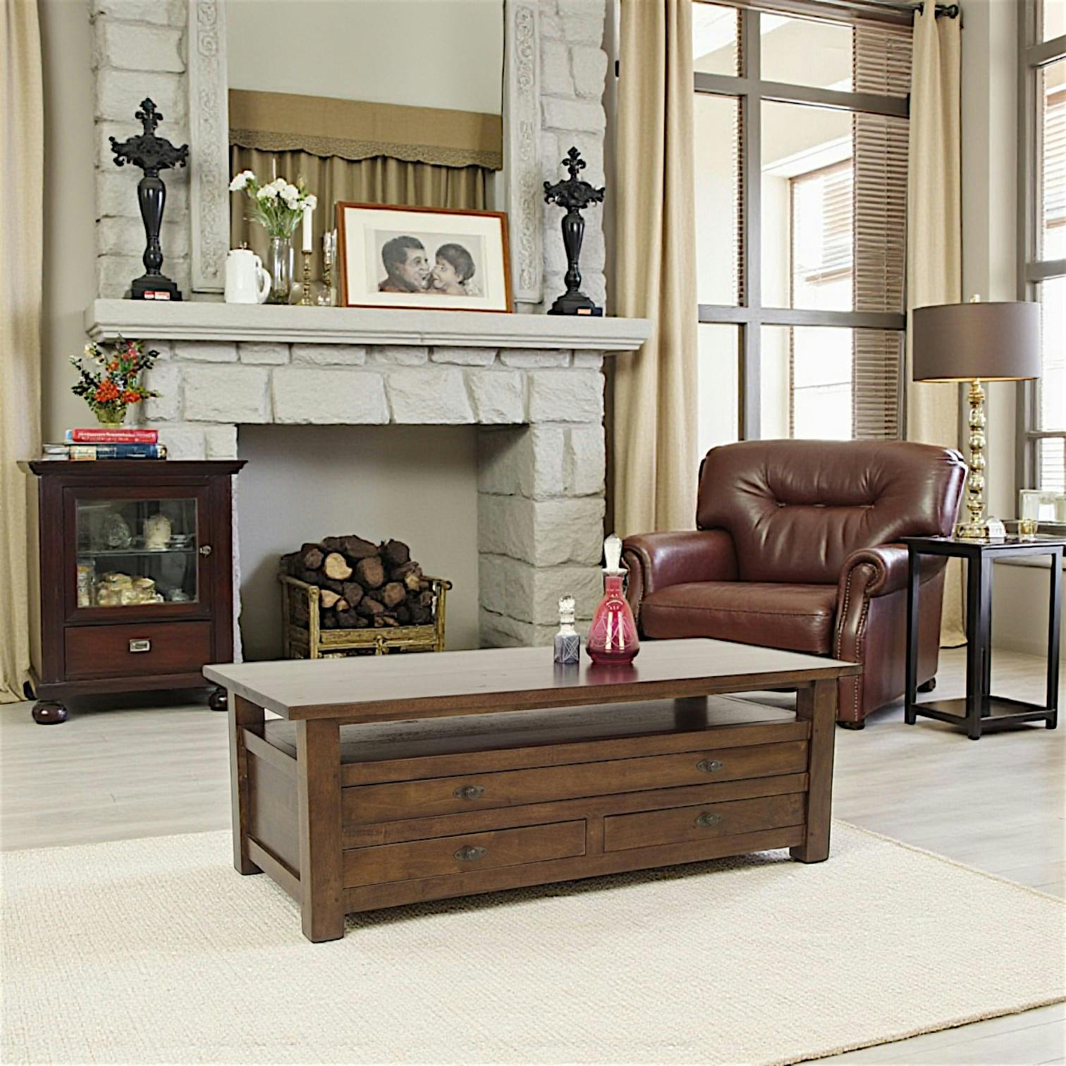 Table basse rectangle 3 tiroirs hévéa 125x58x43cm TRADITION