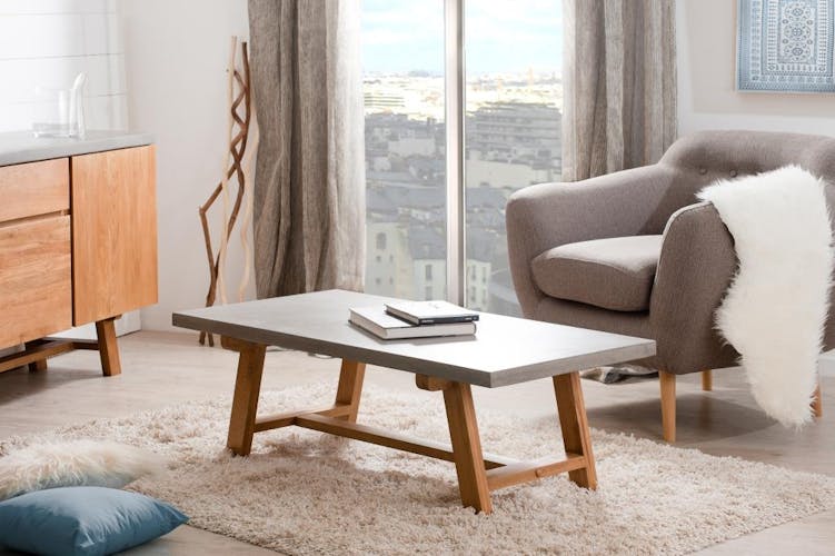 Table basse rectangulaire en beton et bois de style contemporain