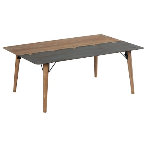 Table basse rectangle en métal plaqué sapin massif et métal, et pieds bois massif 115x75x45cm VULCAN