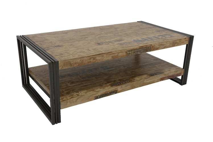 Table basse rectangle hévéa recyclé blanchi et métal noirci 2 plateaux 130X70X45cm DOCKER