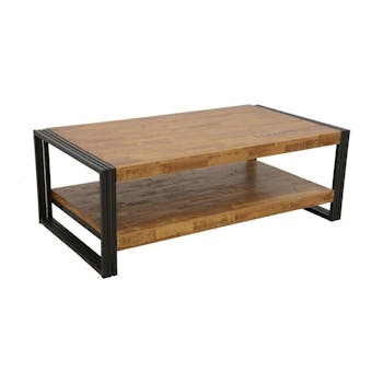 Table basse rectangle hévéa recyclé naturel et métal noirci 2 plateaux 130X70X45cm DOCKER