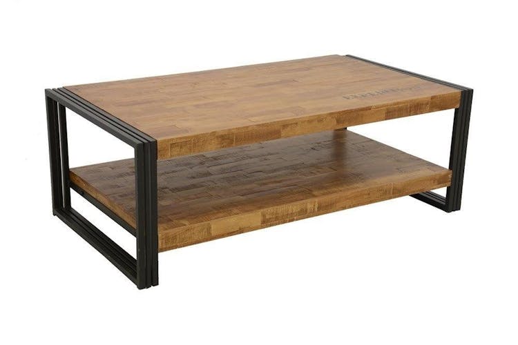 Table basse rectangle hévéa recyclé naturel et métal noirci 2 plateaux 130X70X45cm DOCKER