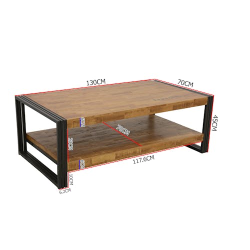 Table basse rectangle hévéa recyclé naturel et métal noirci 2 plateaux 130X70X45cm DOCKER