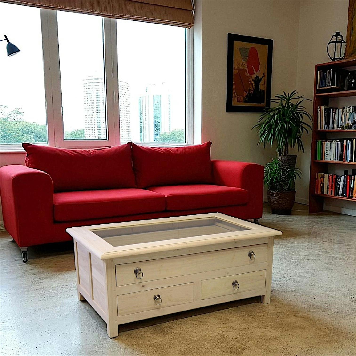 Table basse rectangle plateau vitré hévéa 95x60x40cm TRADITION