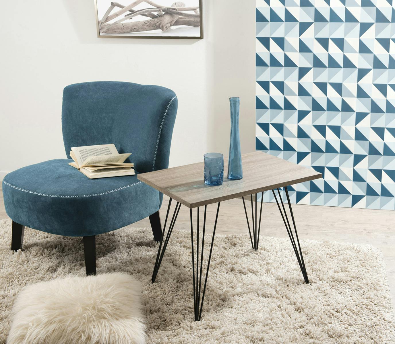 Table basse rectangulaire en bois pieds metal epingle style contemporain
