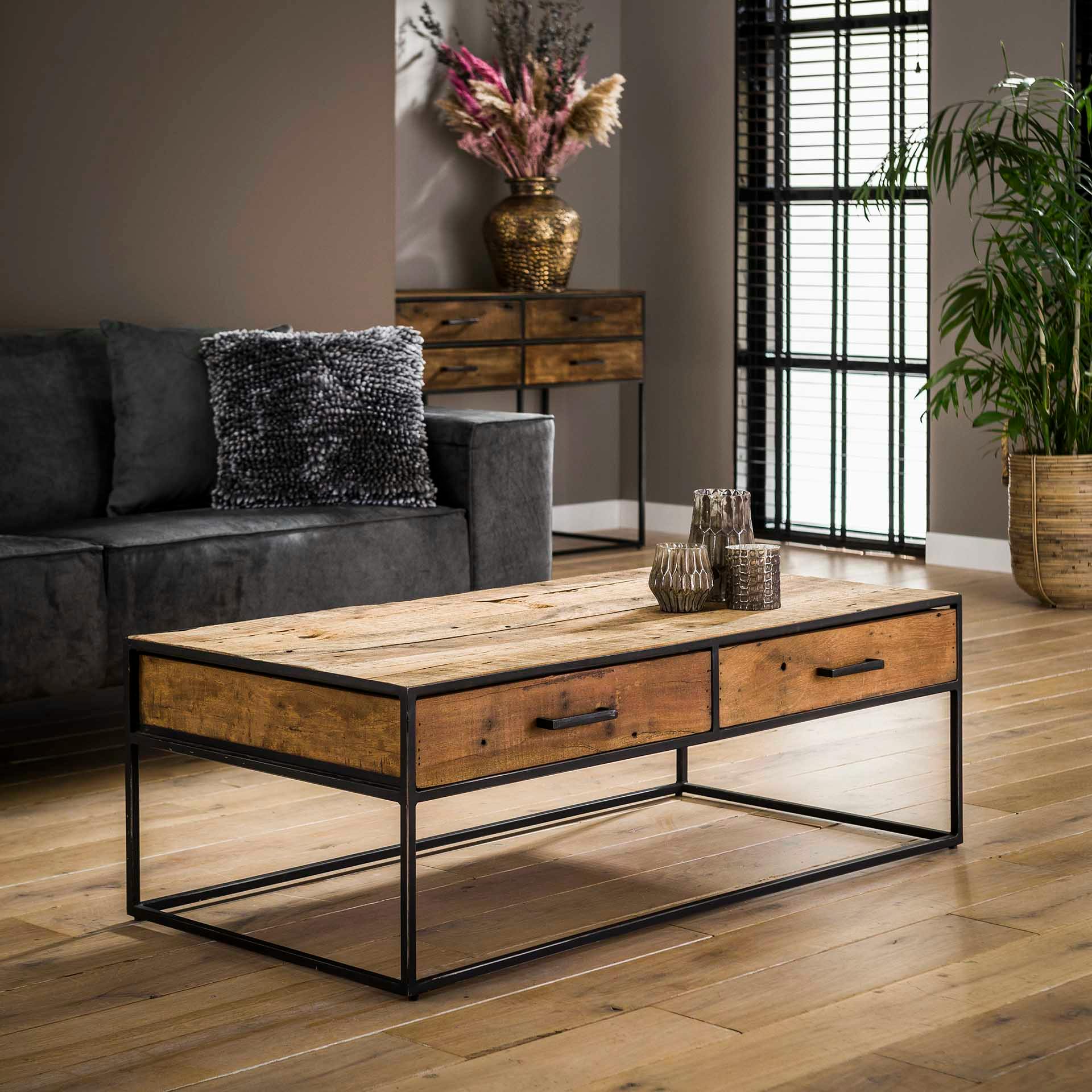 Table basse rectangulaire 2 tiroirs bois de récupération WELLINGTON