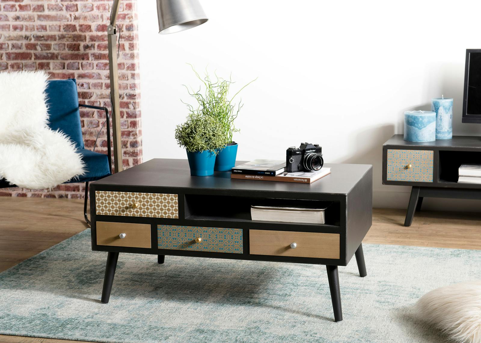 Table basse rectangulaire noire patchwork de style exotique