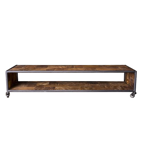 Table basse rectangulaire bois recycle et metal avec roulettes style contemporain