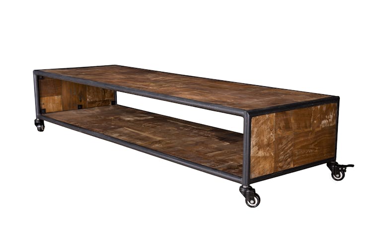 Table basse rectangulaire bois recycle et metal avec roulettes style contemporain
