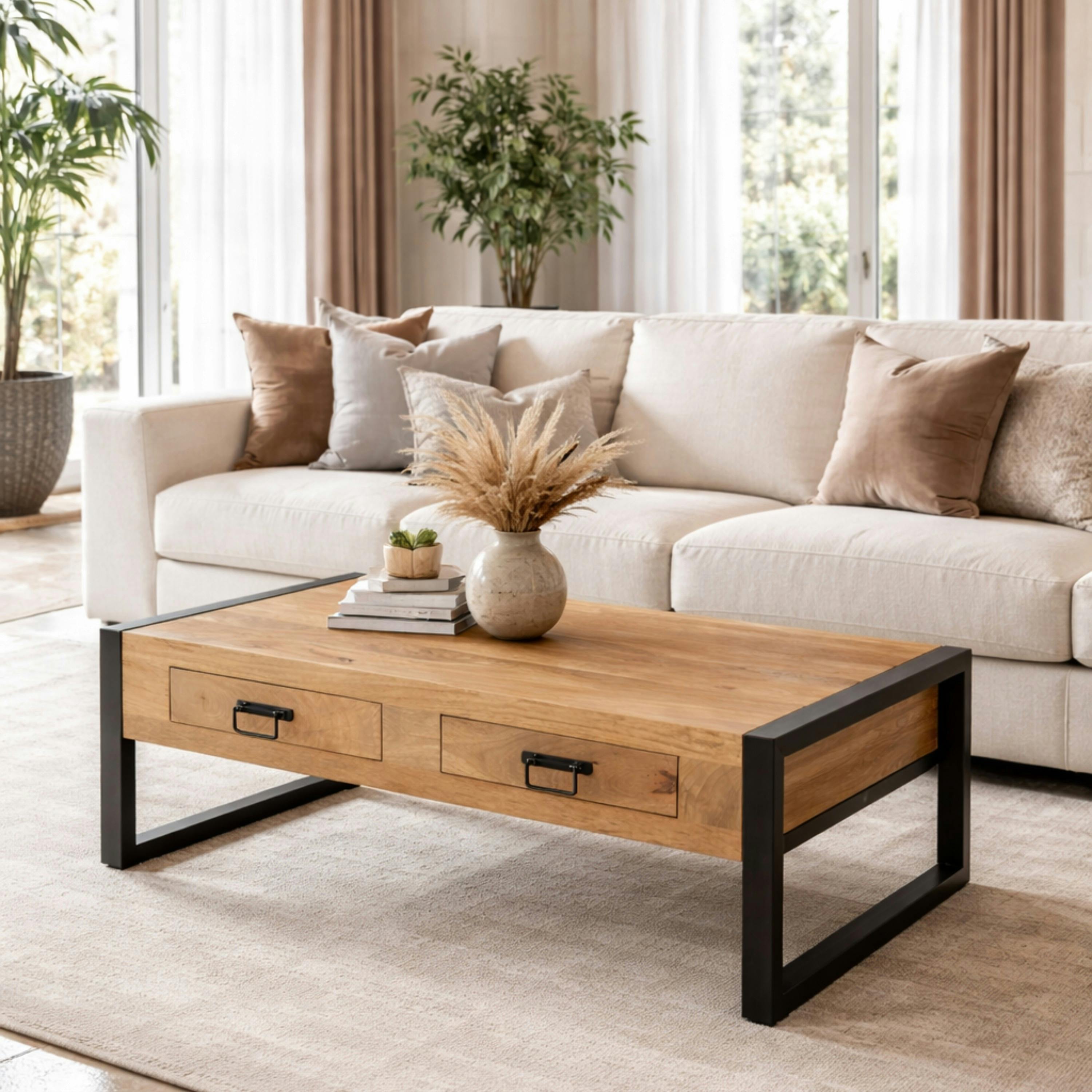 Table basse rectangulaire bois clair métal noir 2 tiroirs MILORA