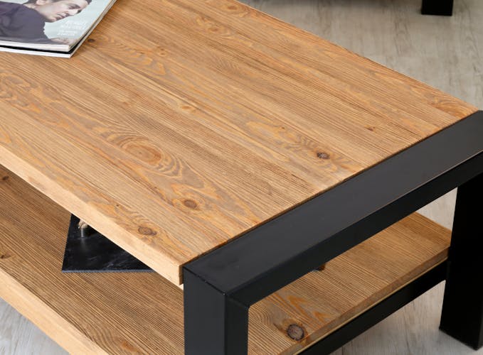Table basse rectangulaire deux plateaux bois et metal style industriel