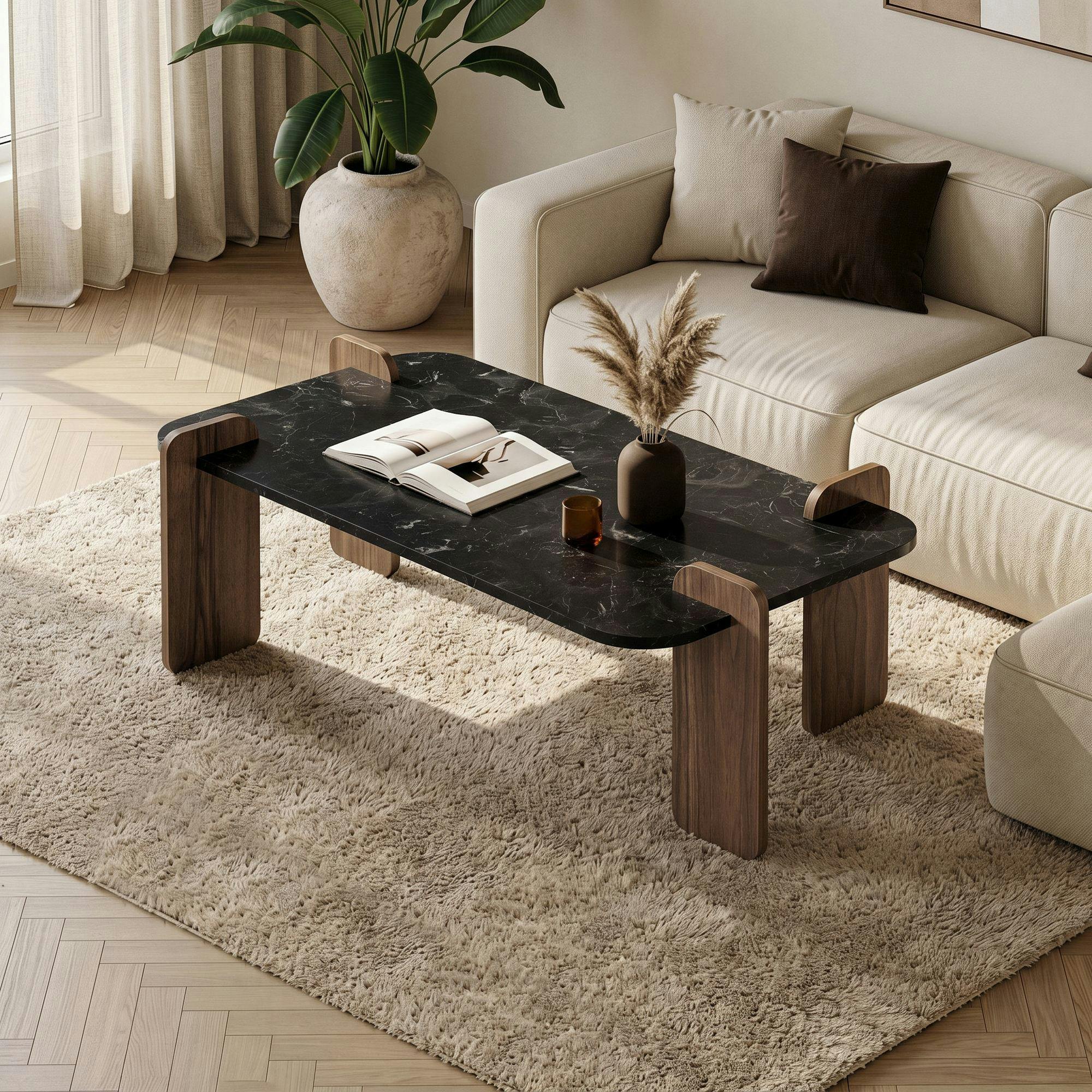 Table basse rectangulaire décor marbré noir et noyer MARFA