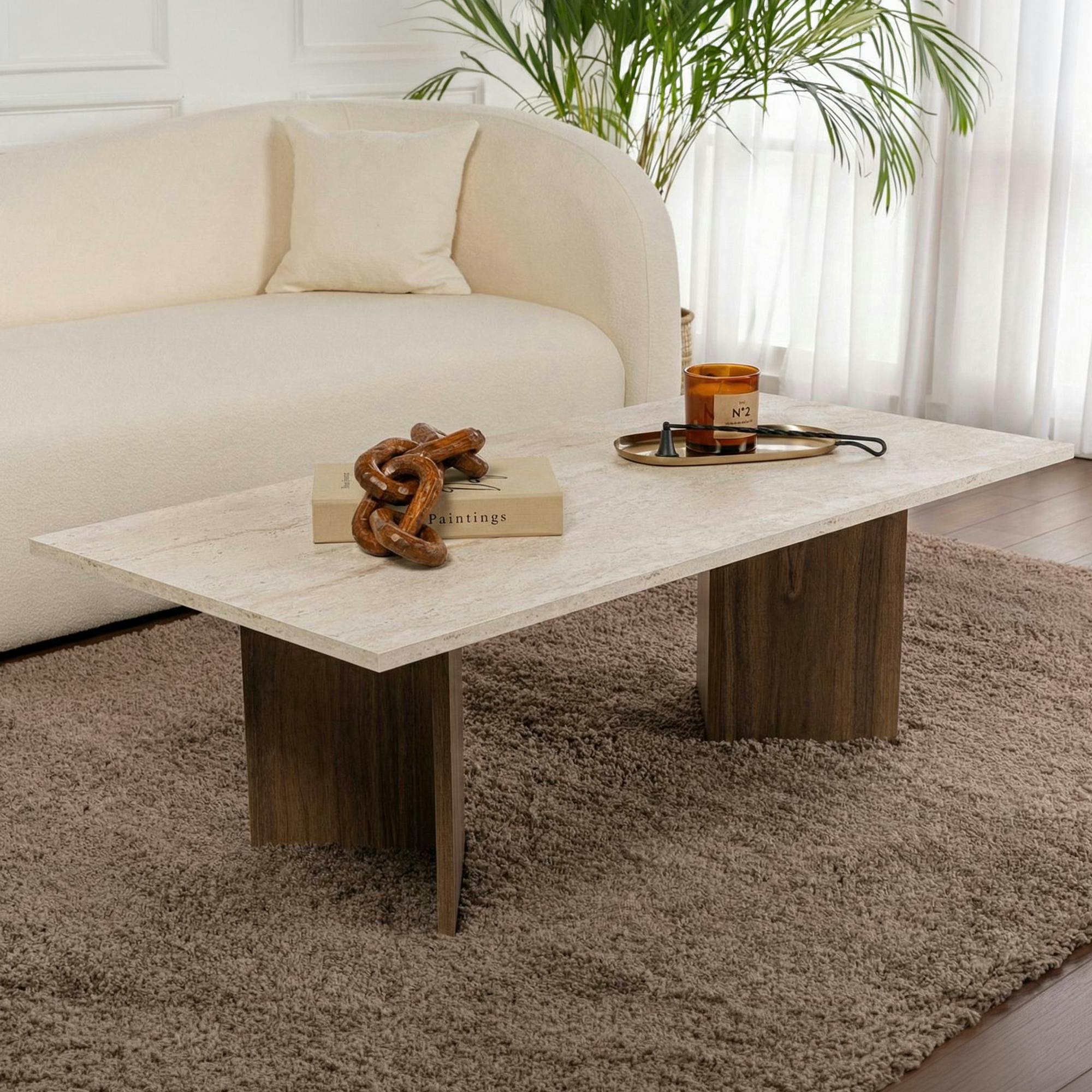 Table basse rectangulaire décor travertin et noyer MARFA