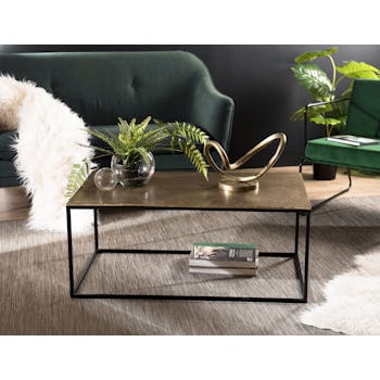 Table basse rectangulaire en metal dore et noir de style contemporain