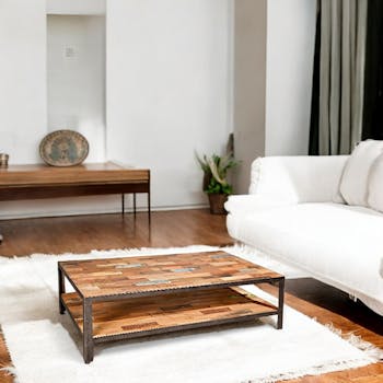 Table basse rectangulaire en bois recycle et metal de style industriel