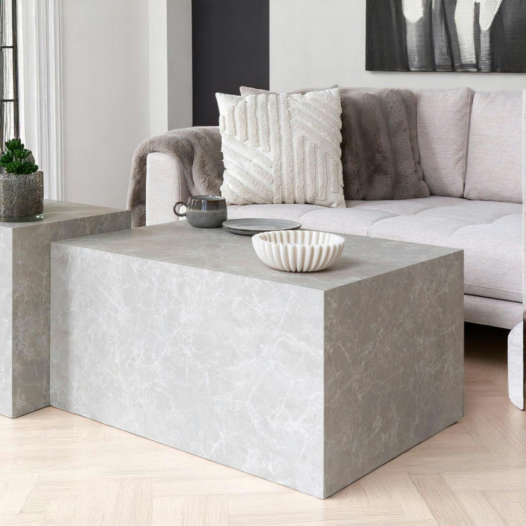 Table basse rectangulaire - effet marbre beige, style contemporain TRINITE