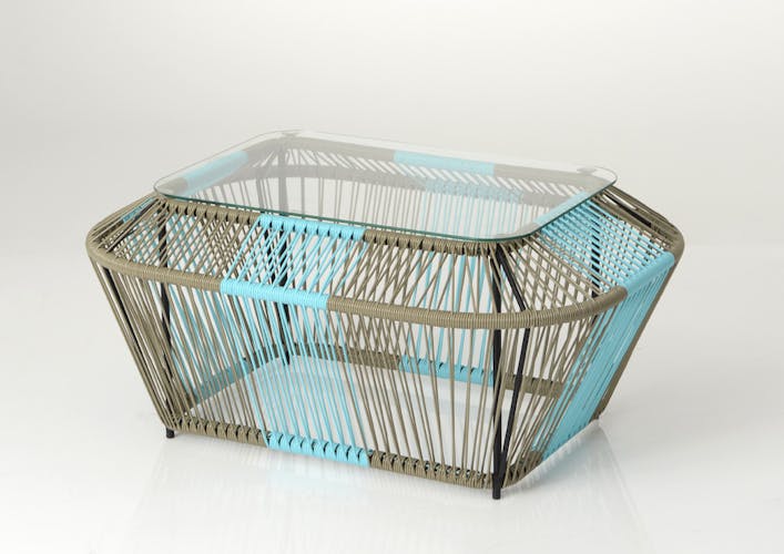 Table basse rectangulaire en métal et verre, turquoise et naturel 88x60x40cm