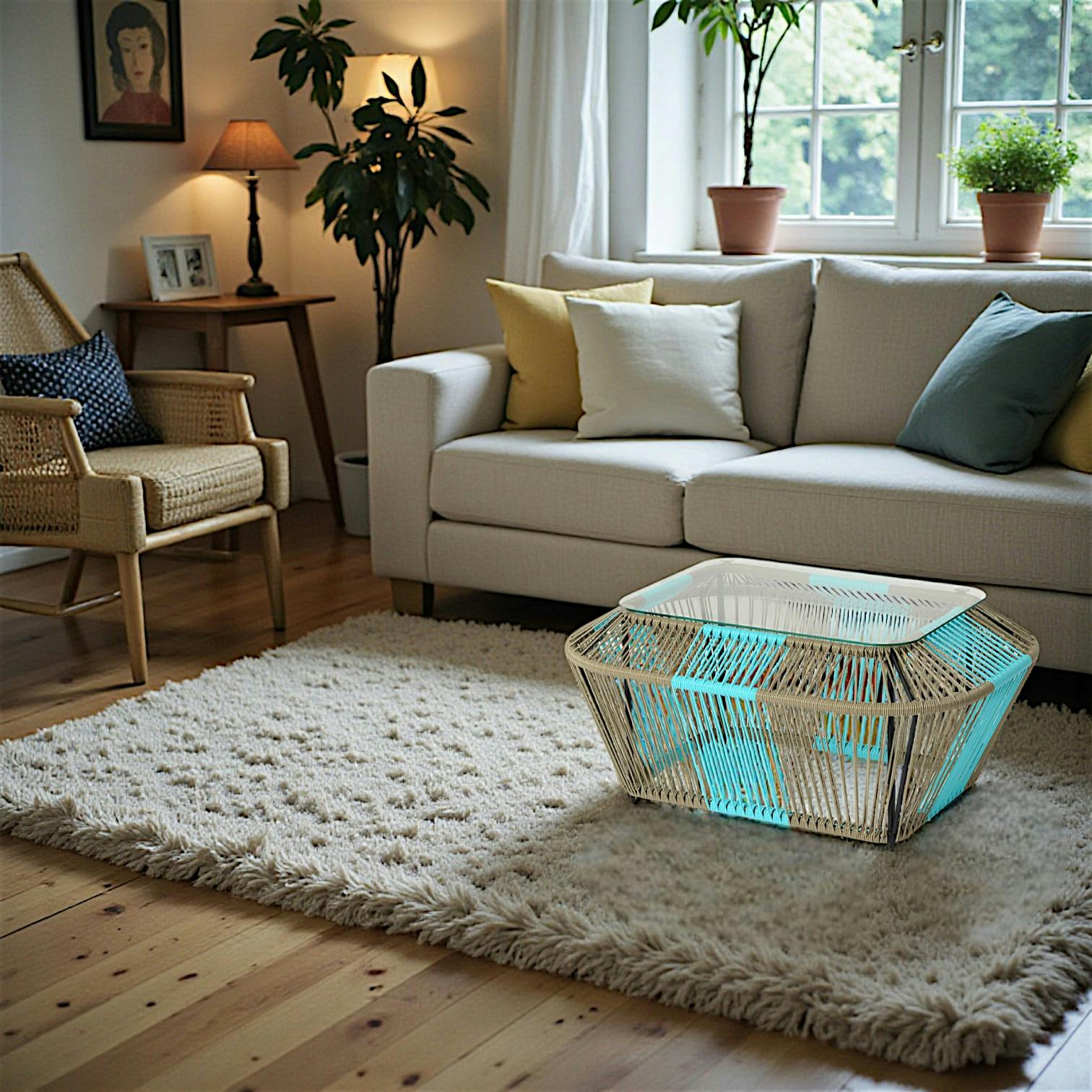 Table basse rectangulaire en métal et verre, turquoise et naturel 88x60x40cm